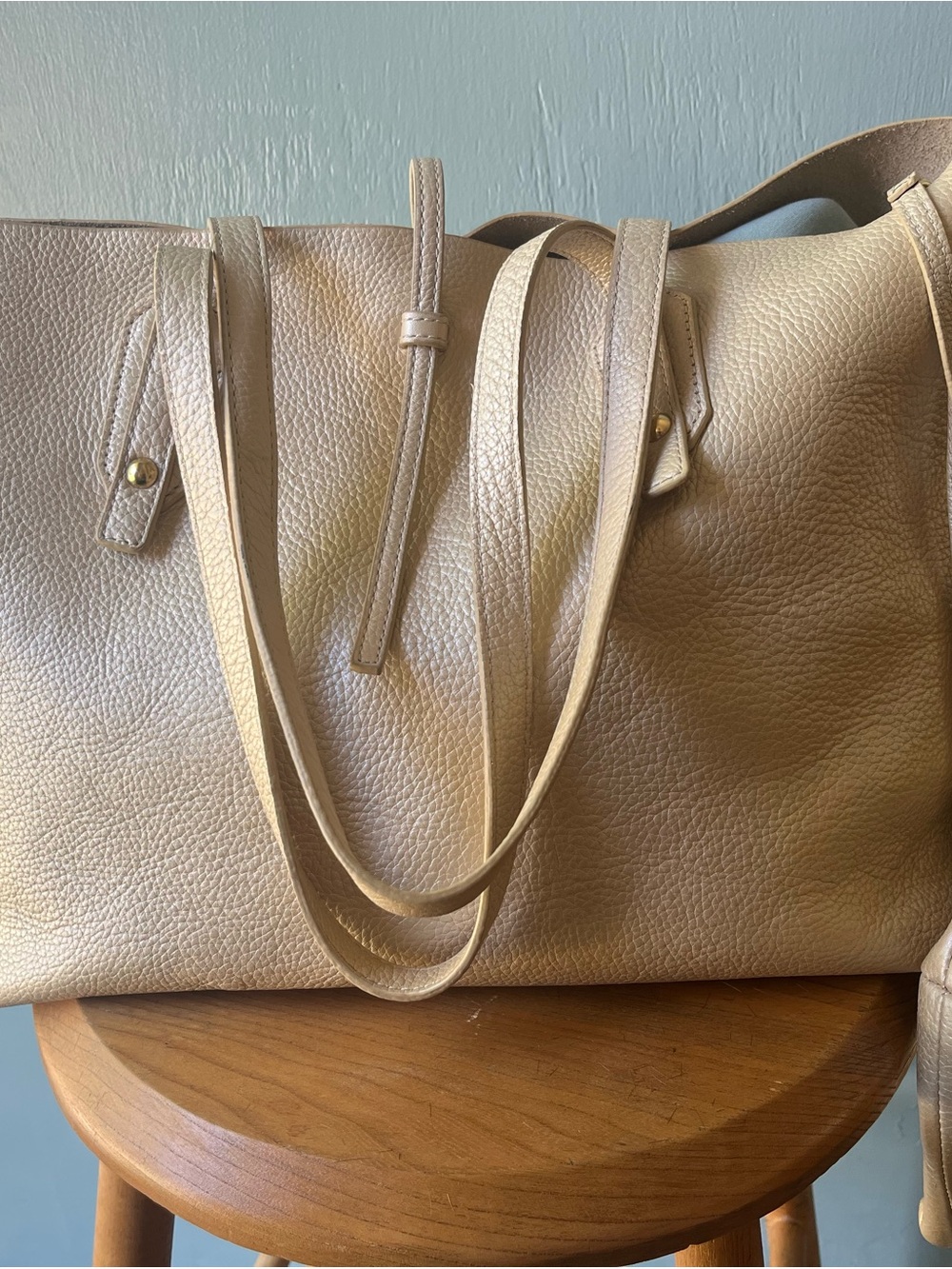 J McLaughlin Champagne Pebbled Leather Annie Tote with Matching Pouch, EUC